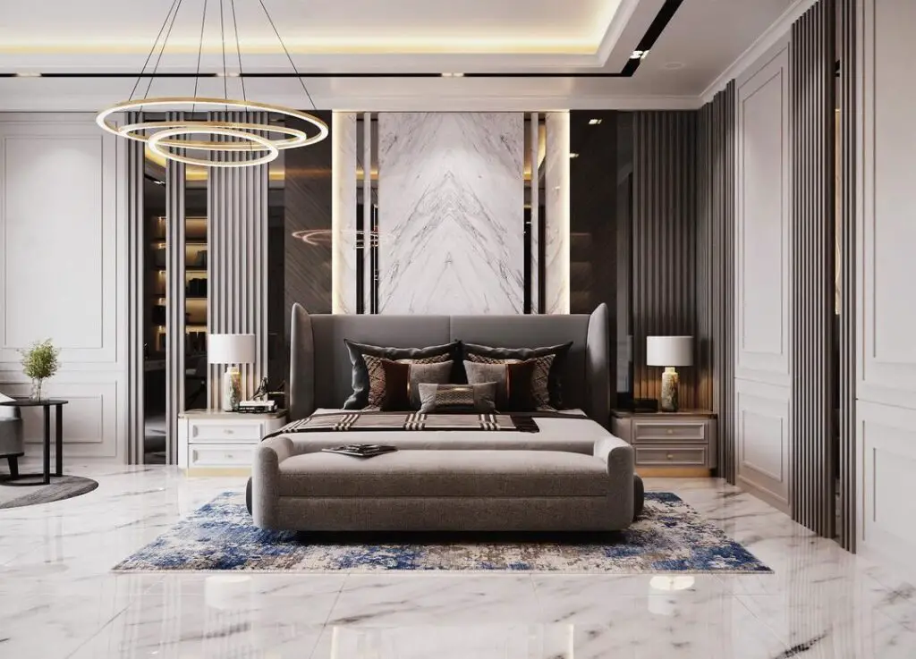 Fancy modern bedroom with marble wall and round lights