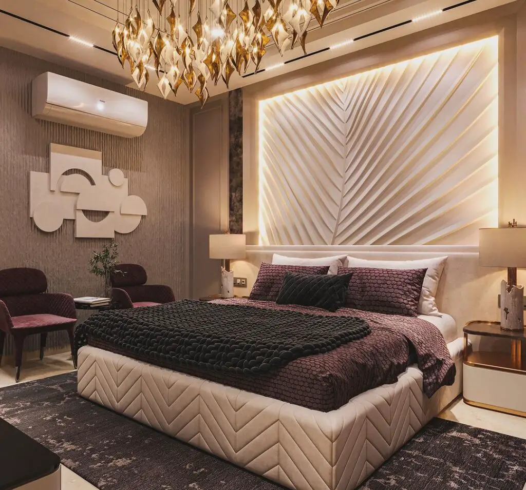 Elegant bedroom with illuminated palm leaf