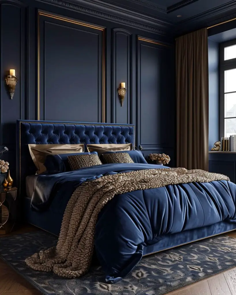 Elegant blue bedroom with gold accents