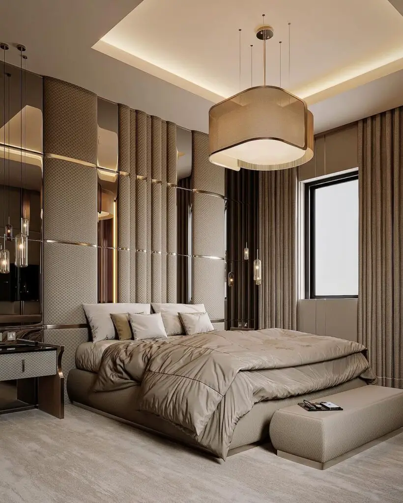Elegant bedroom with textured walls and large hanging lamp