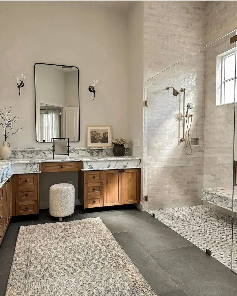 Vintage bathroom with marble counters and shower