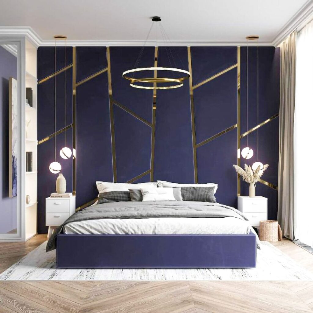 Navy bedroom with gold geometric wall