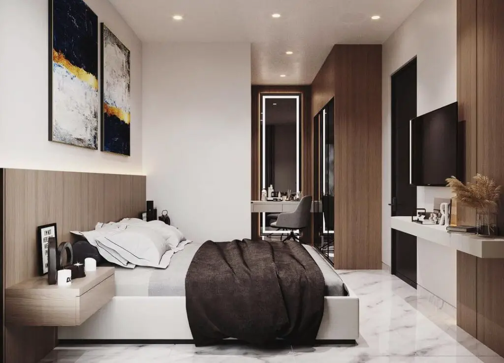 Contemporary bedroom with wood accents and attached dressing area