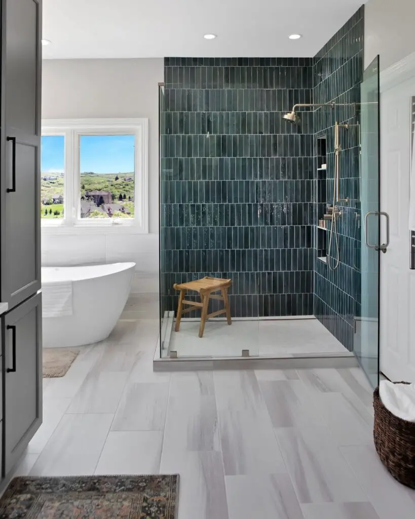 Bathroom with green shower and white tub