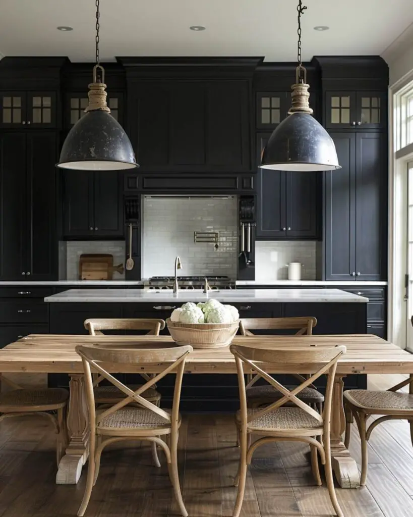 Black cabinets rustic table industrial lights