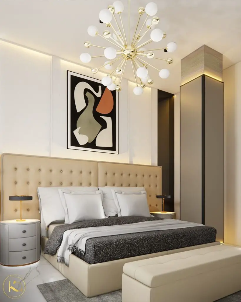 Elegant bedroom with sputnik chandelier