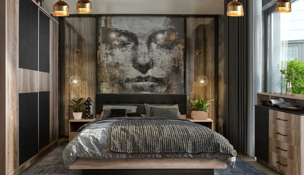 Moody bedroom with large face artwork