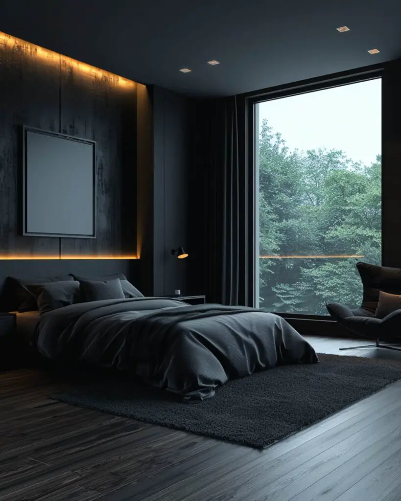 Dark bedroom with forest window view