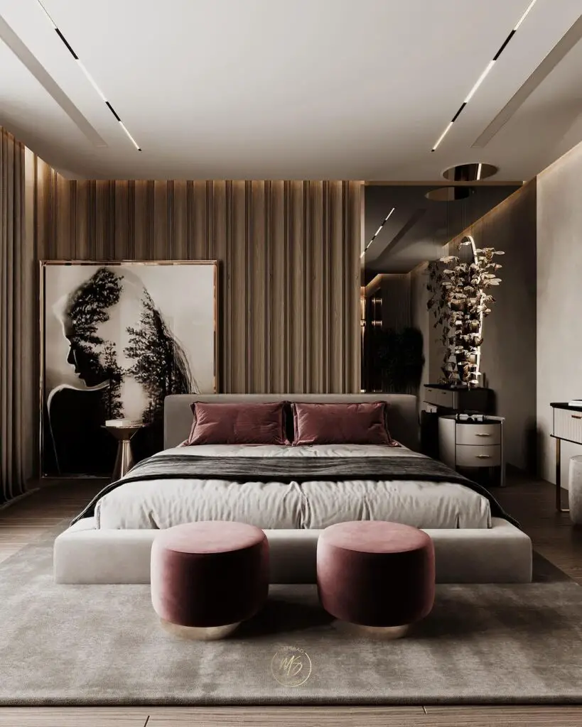 Luxurious bedroom with artistic wall decor