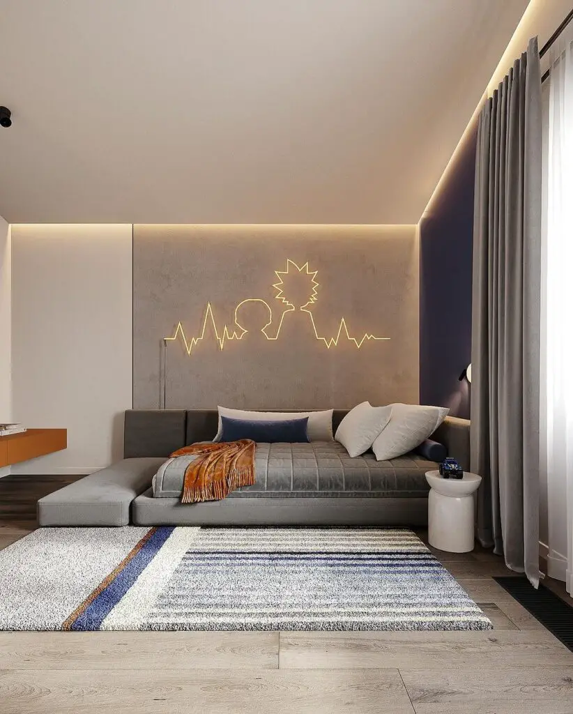 Modern bedroom with neon character light