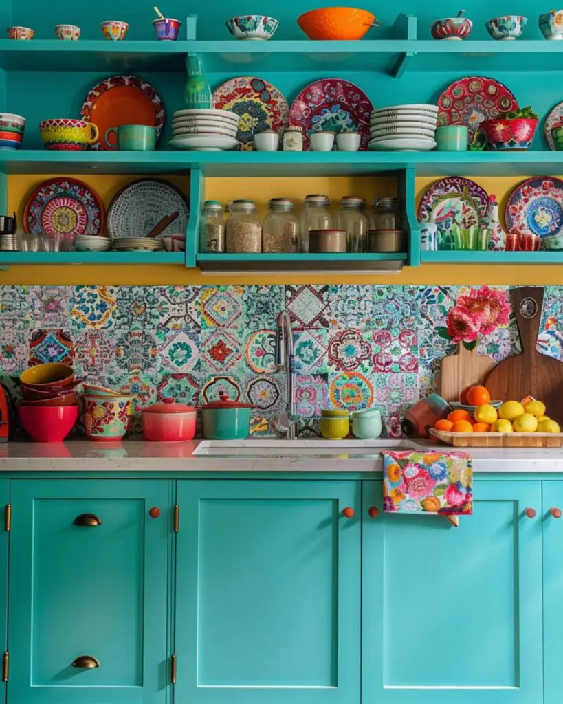 Kitchen tiles pastels granite island