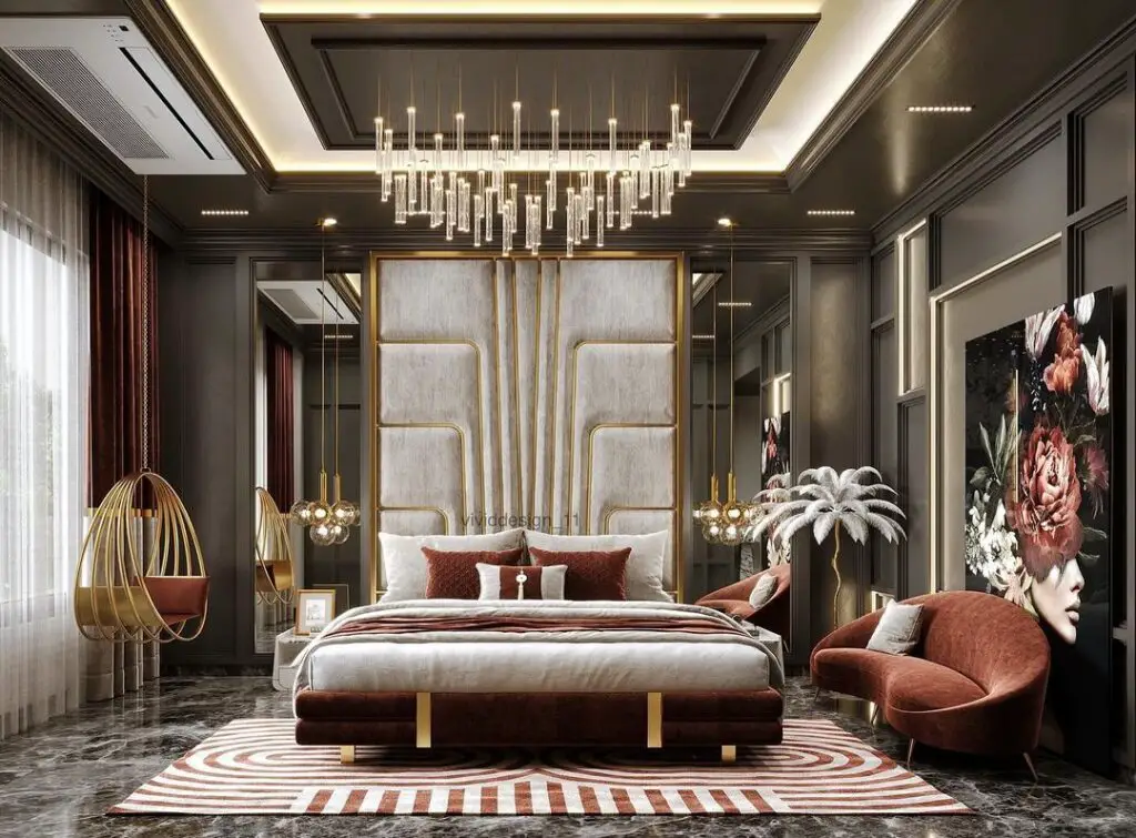Luxurious bedroom with grand chandelier decor