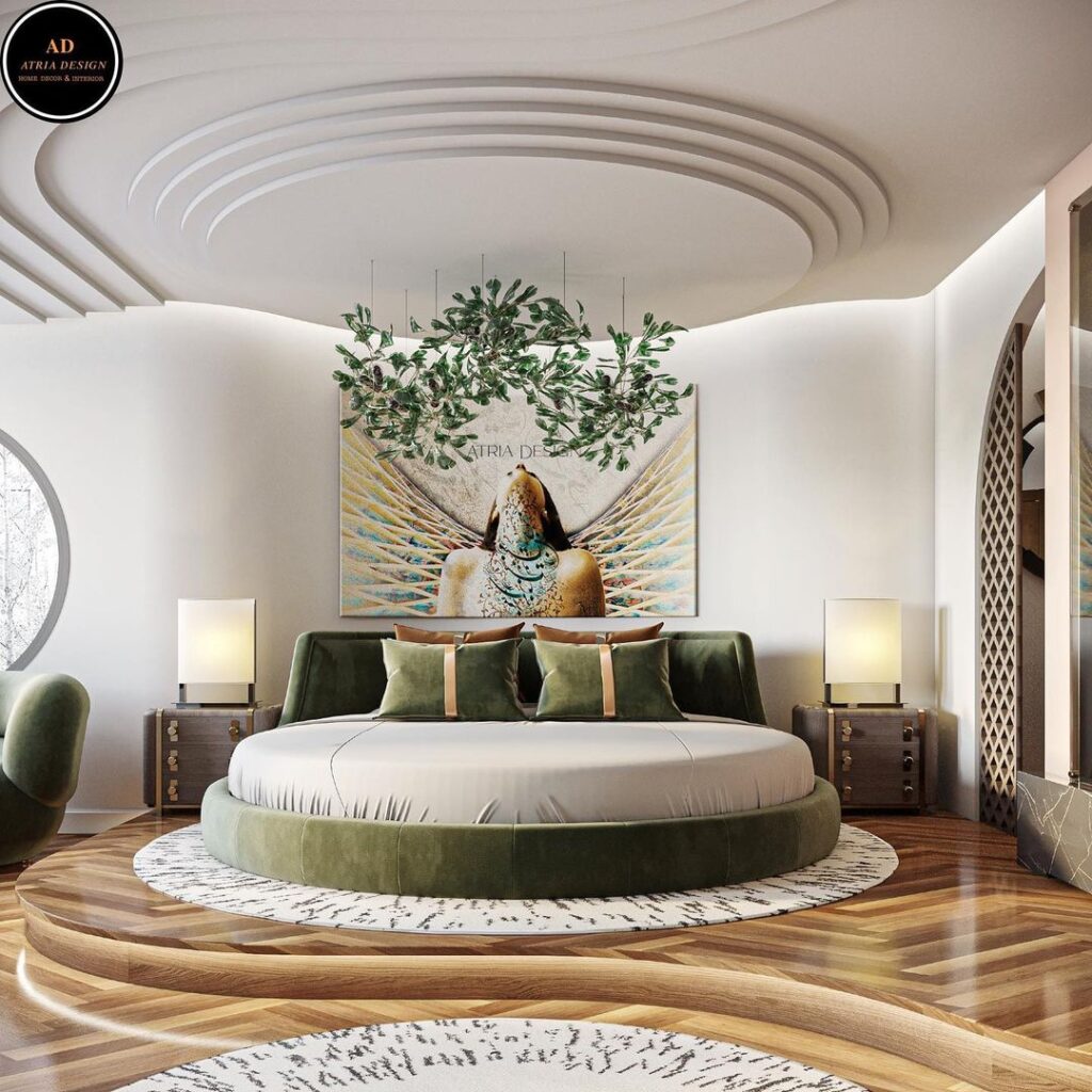 Green circular bed with leaf chandelier