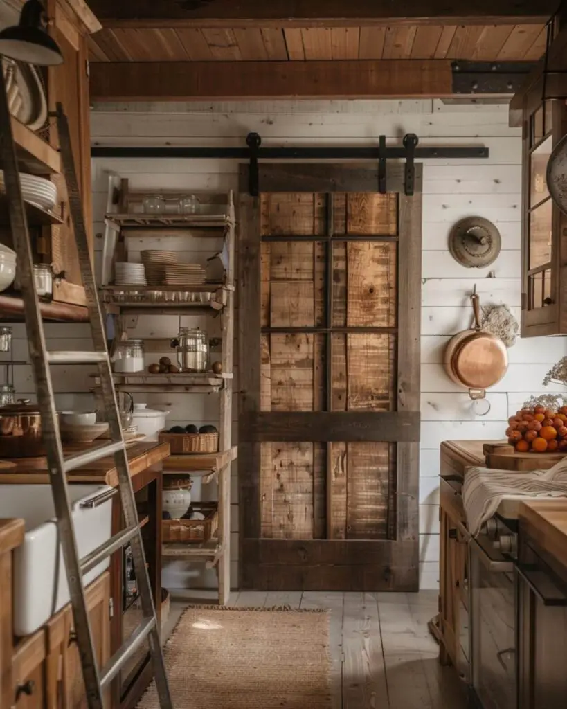 Rustic barn door open shelving pantry