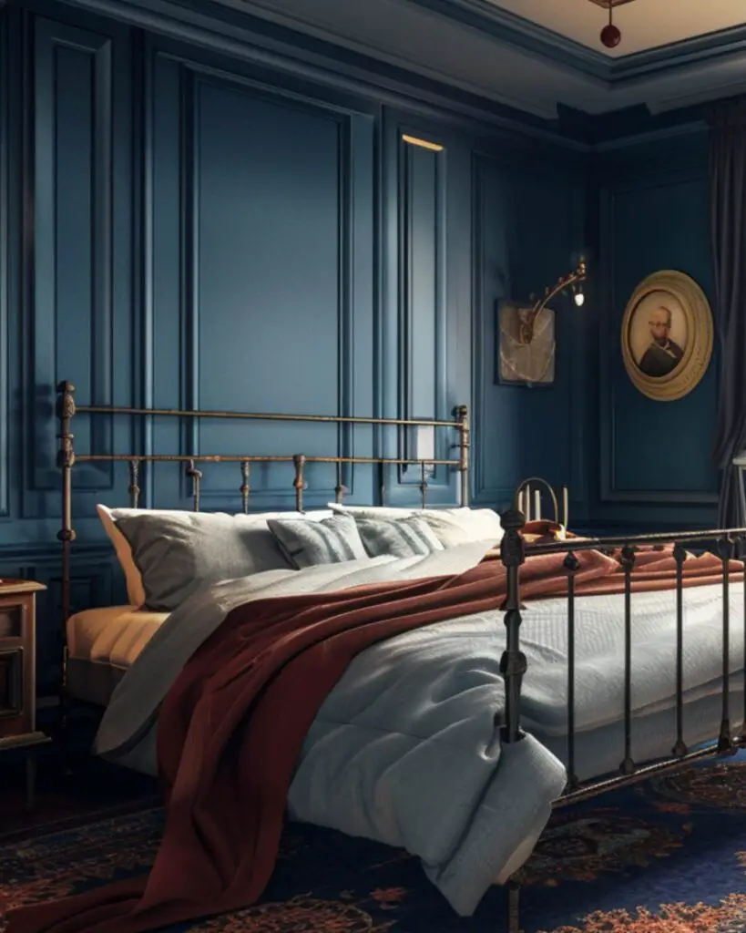 Vintage bedroom with blue walls and metal bed frame
