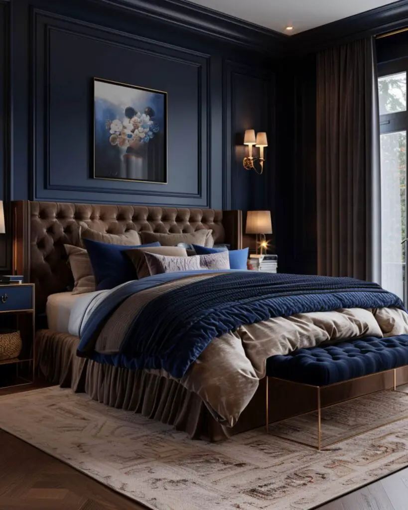 Elegant bedroom with navy walls and brown accents