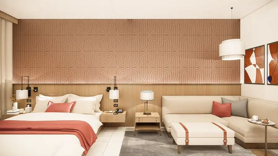Terracotta patterned wall modern cream bedroom