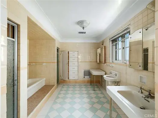 Vintage bathroom tan tiles checkerboard floor