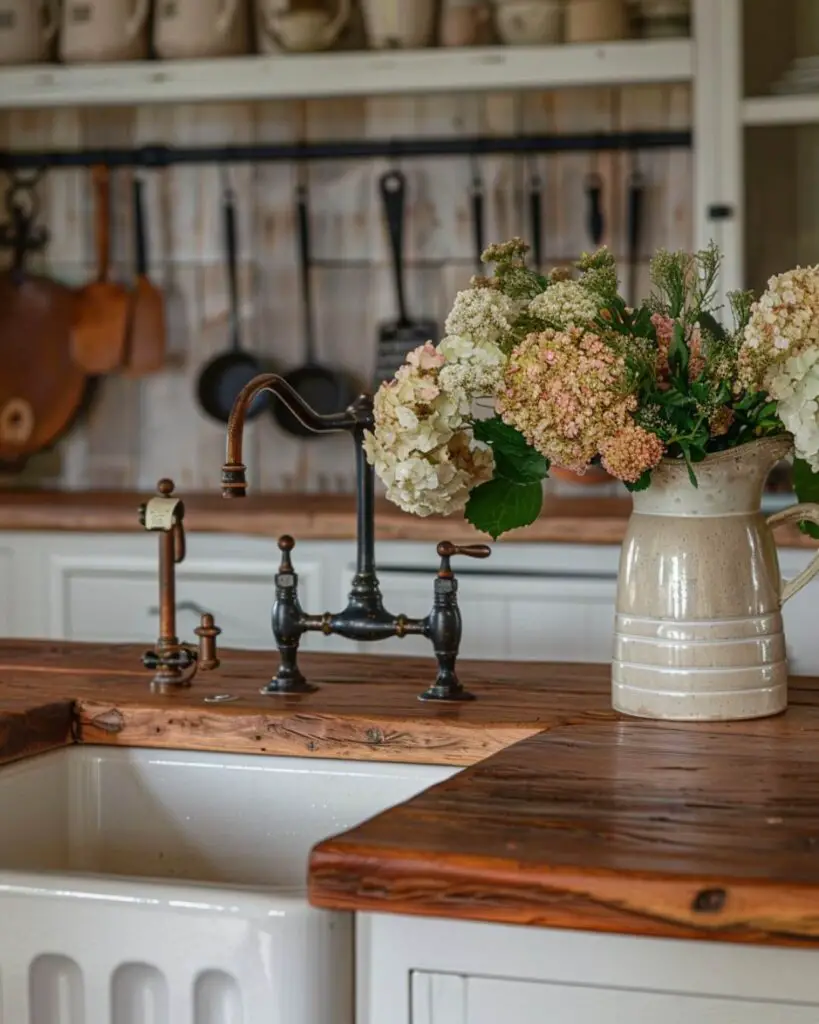 Farmhouse sink, vintage faucet, floral centerpiece