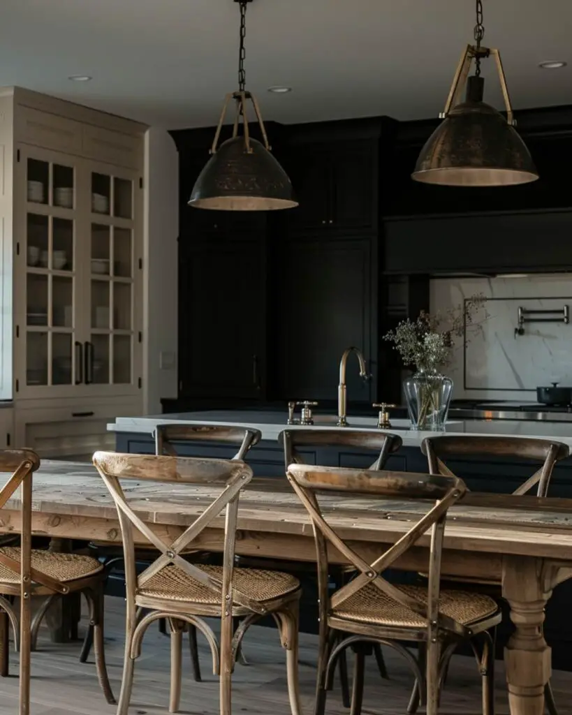 Farmhouse table black cabinets industrial lights