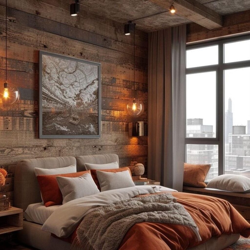 Cozy bedroom with wooden walls cityview