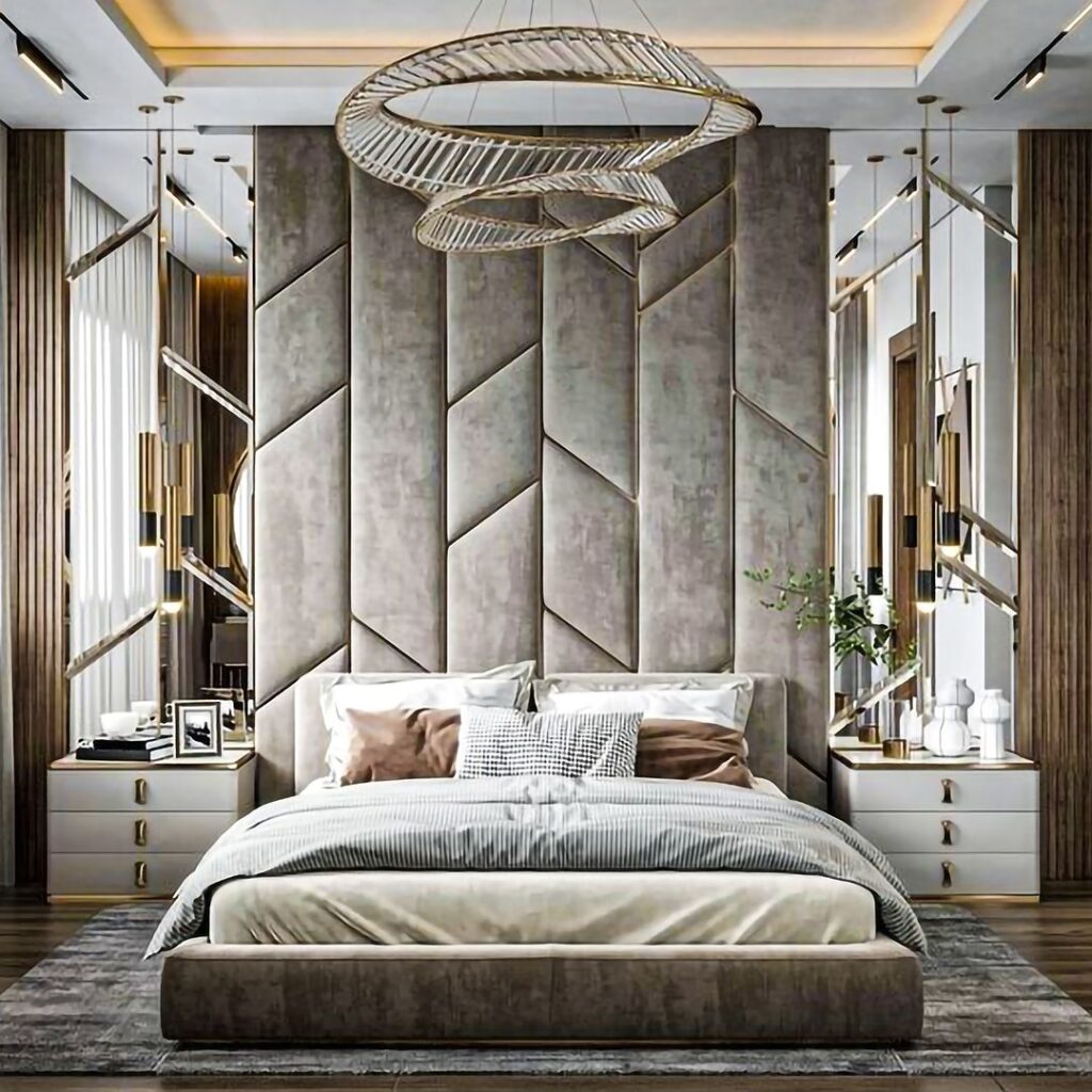 Luxe bedroom with sculptural chandelier