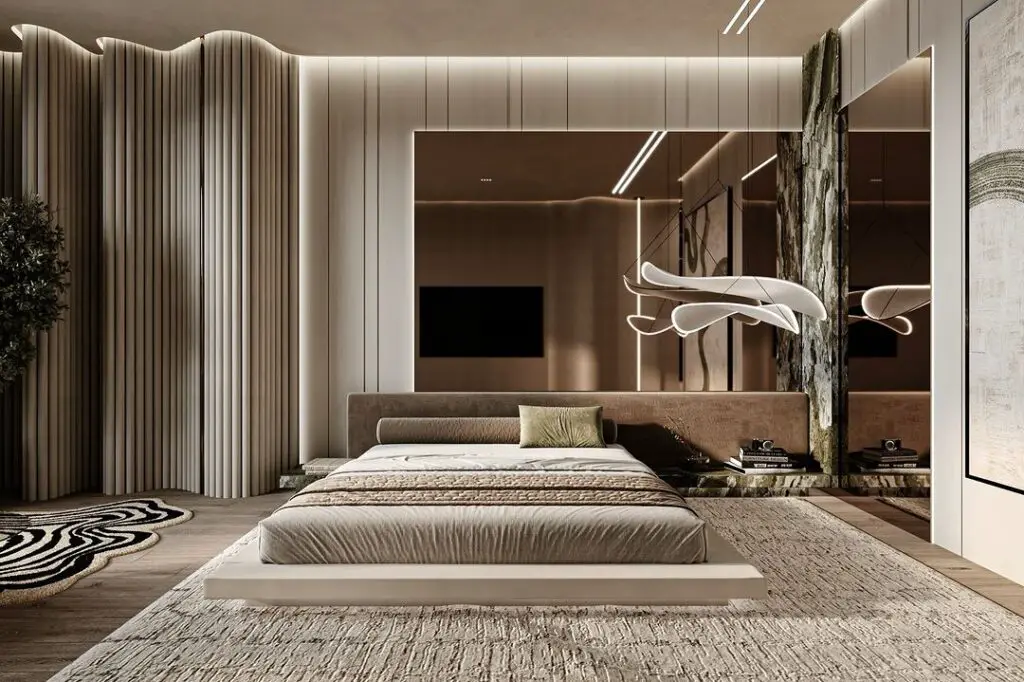 Elegant bedroom with sculptural ceiling light
