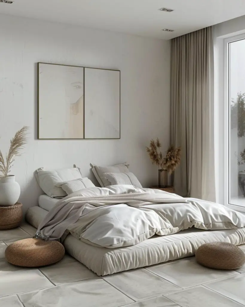 Minimalist white bedroom with natural elements