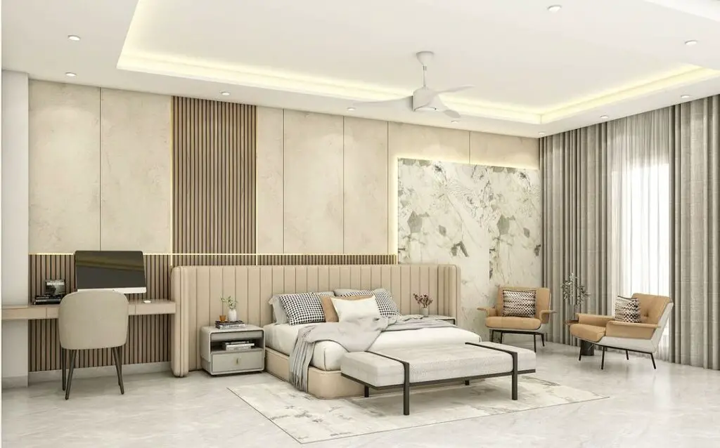  Luxurious beige bedroom with textured walls
