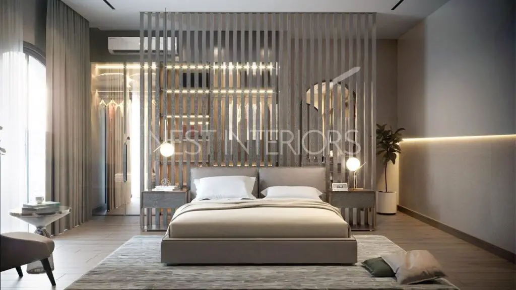 Bedroom with wooden slat partition, minimalist design