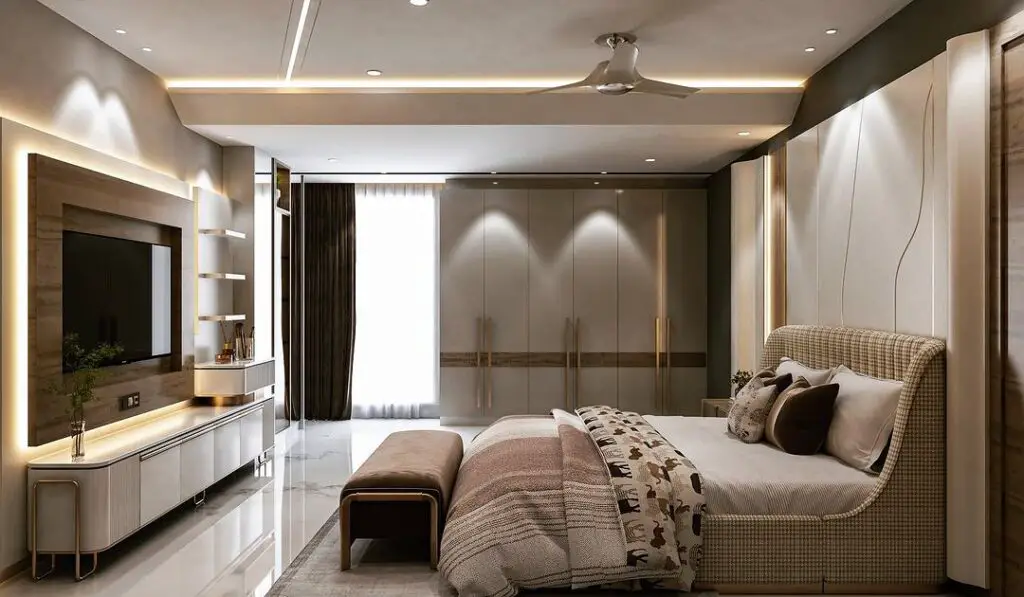 Contemporary bedroom with built-in entertainment unit and large wardrobe
