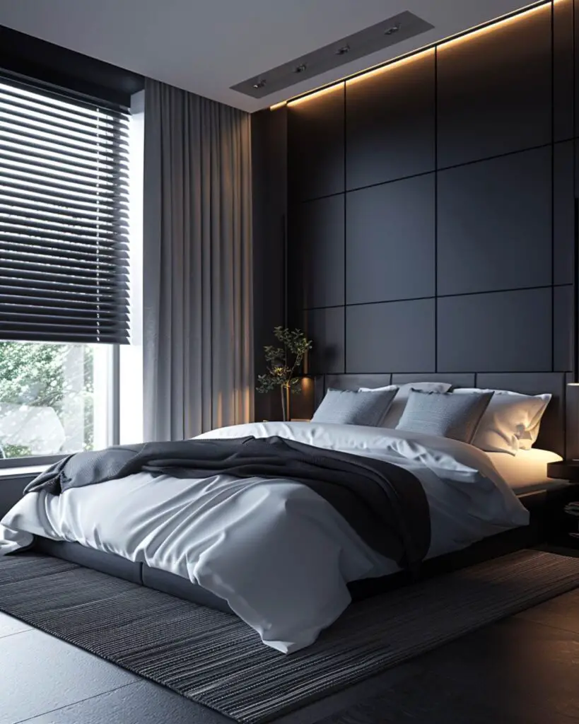 Dark modern bedroom with soft lighting