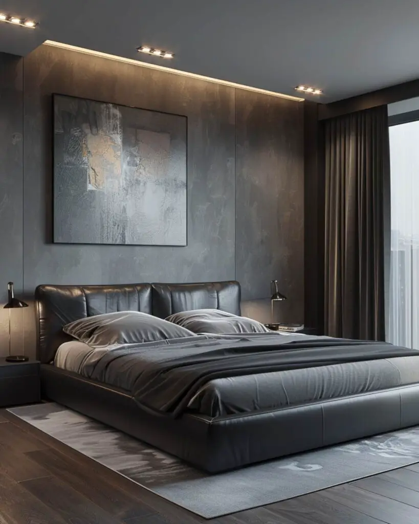 Modern gray bedroom with leather bed and abstract art