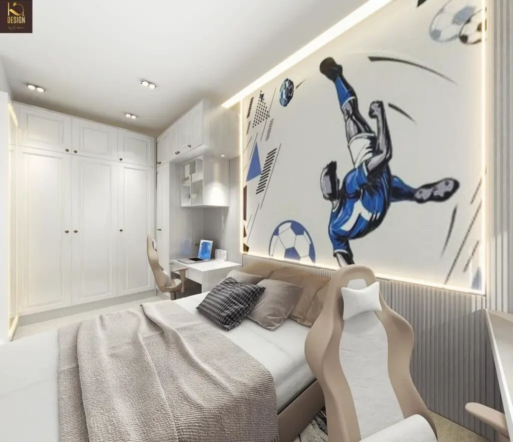 Modern bedroom with large soccer mural