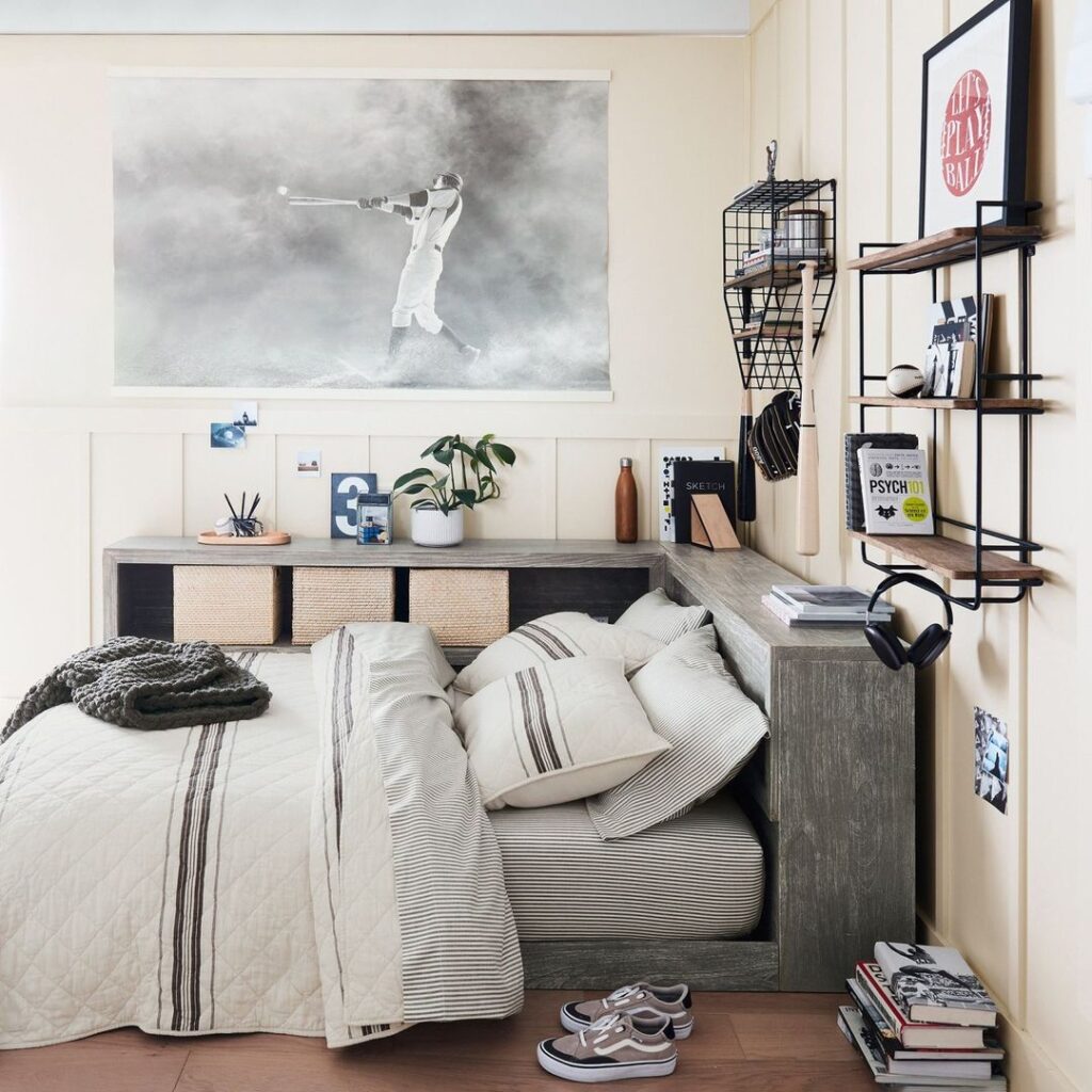 Sporty bedroom with baseball photograph decor