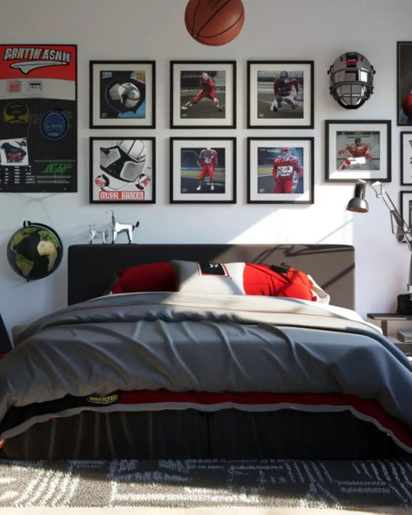 Bedroom with sports memorabilia and framed athlete photos