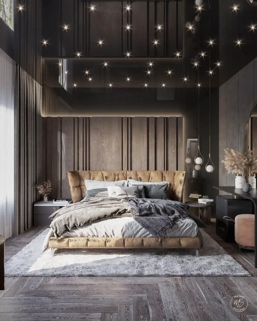  Dark bedroom with twinkling ceiling lights