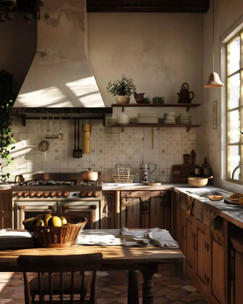 Sunlit rustic kitchen wooden cabinets tiles