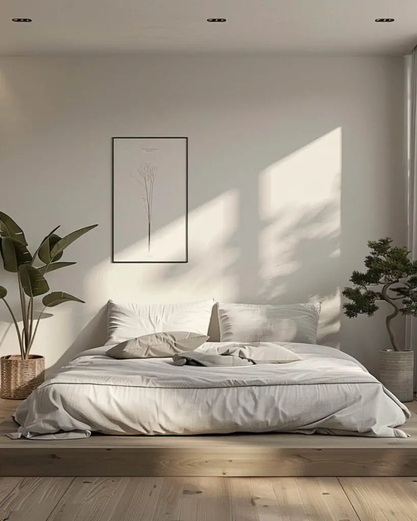 Minimalist bedroom with plants and sunlight
