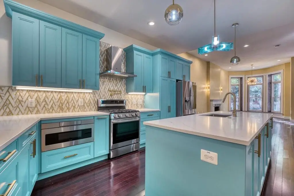 Light blue bright kitchen island