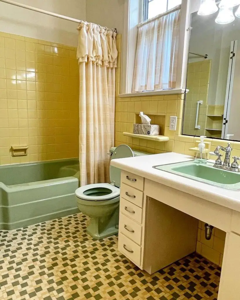 Vintage bathroom yellow tiles green fixtures