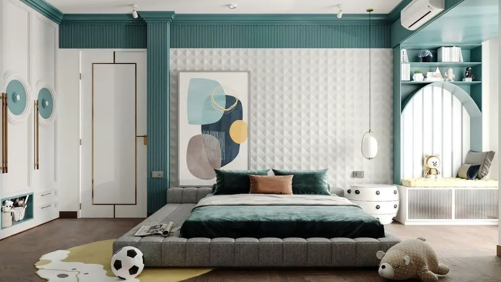 Teal bedroom with modern art family friendly