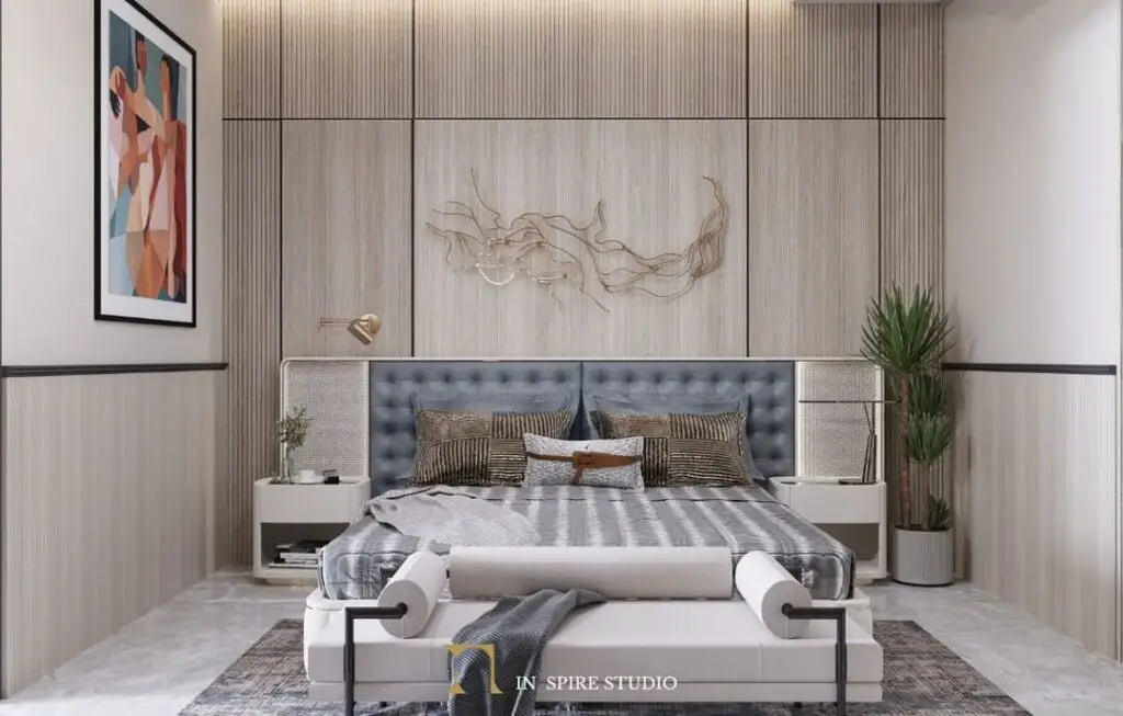 Serene bedroom with textured walls art
