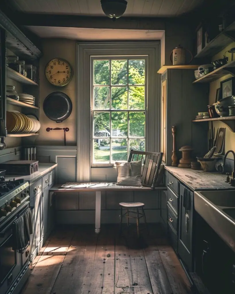 Rustic galley kitchen window seat shelving