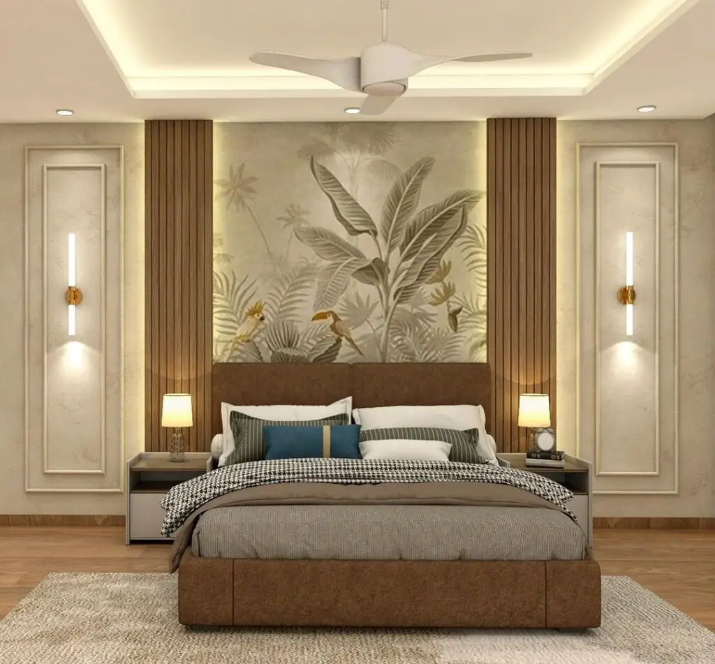  Neutral bedroom with tropical wall mural
