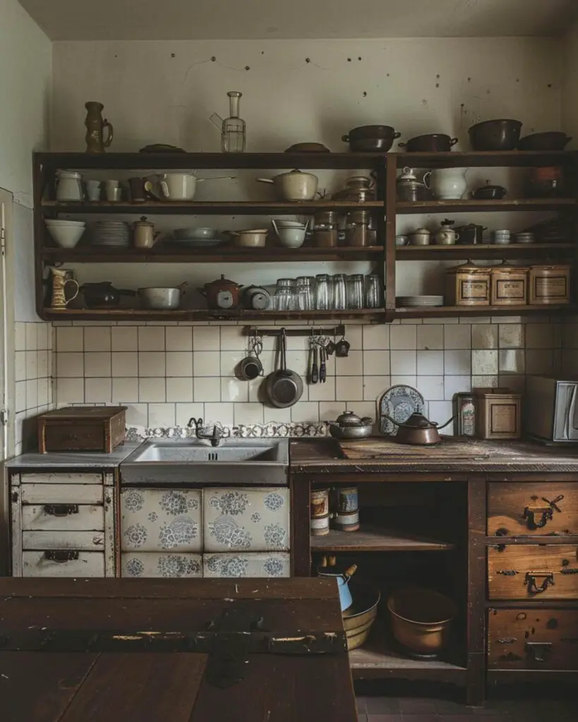 Rustic shelves vintage kitchenware farmhouse sink