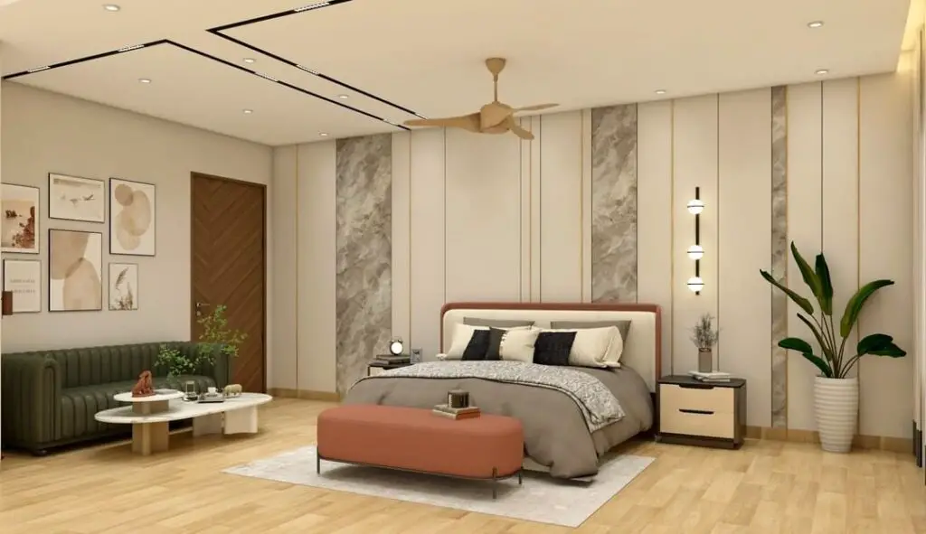 Beige bedroom with terracotta accents and marble walls