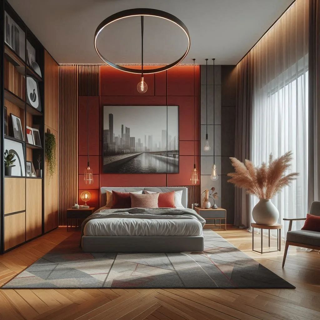 Modern bedroom with red wall and urban decor