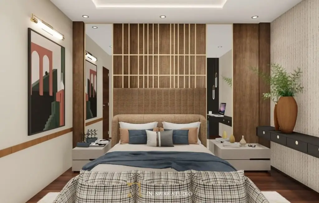 Wooden accented bedroom with modern art