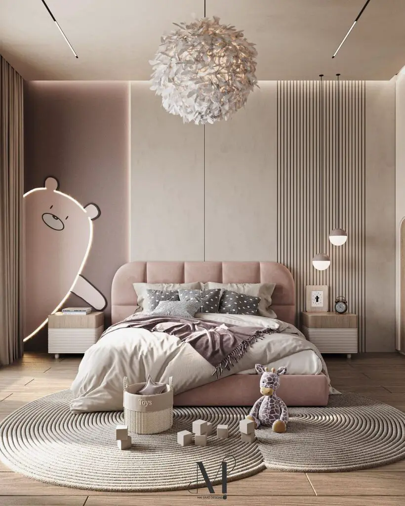 Pink bedroom with playful lighting decor